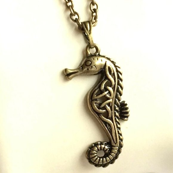 Seahorse Necklace Gold Plated Sea Life Pendant 29" Chain Island Nautical Beach - Picture 8 of 11